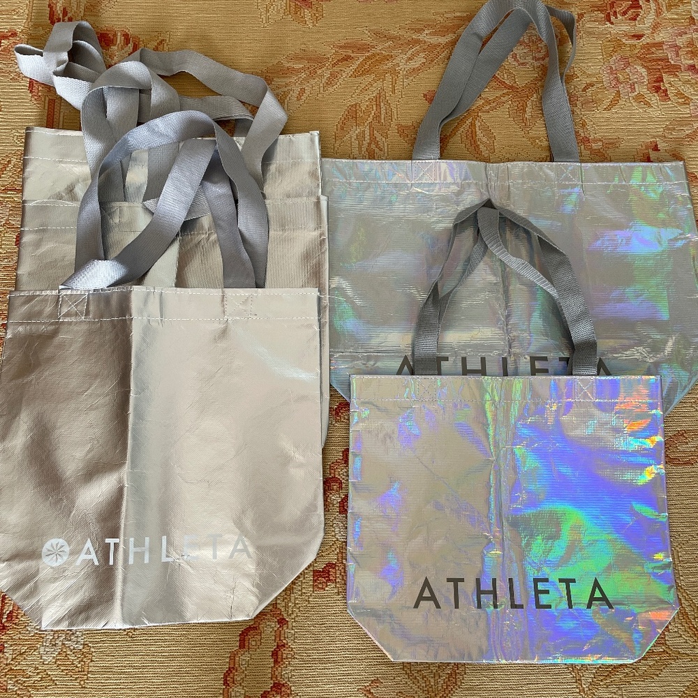 New Athleta Reusable Tote Bags Lot of 6 Large & Small Sizes Hologram!